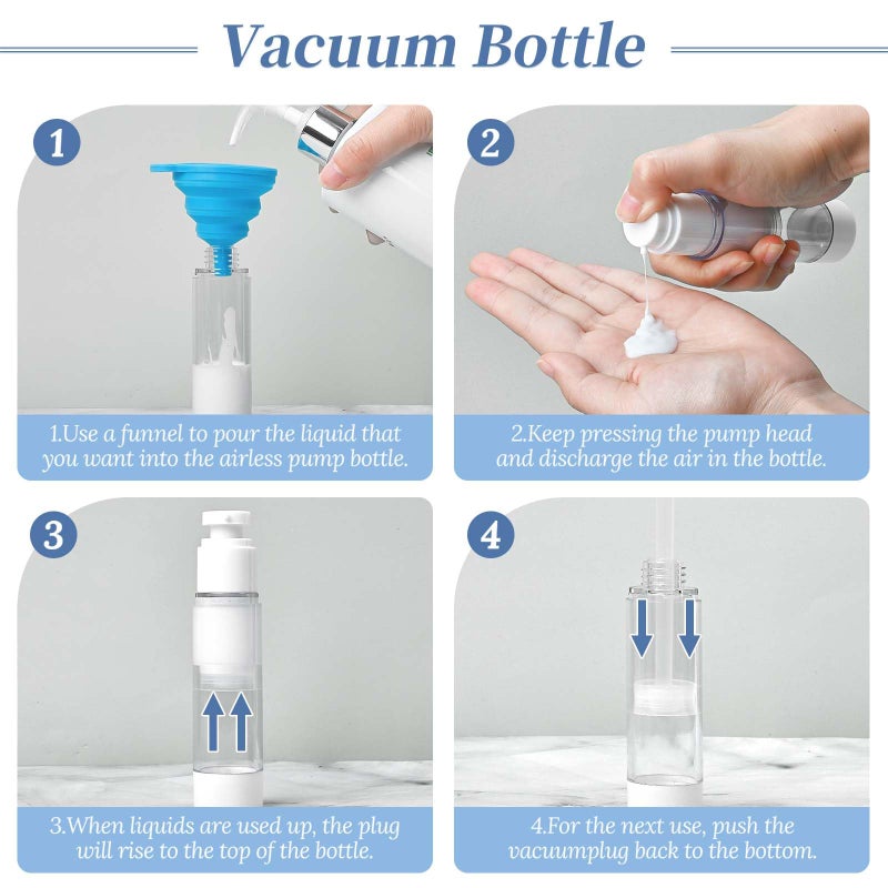 TUZAZO 6 Pack 1.7OZ/50ML Airless Pump Bottles, Clear Plastic Travel Size Pump Bottles, Refillable Cosmetic Containers Cream Dispenser with Funnel for Foundation, Lotions, Shampoo - Image 4